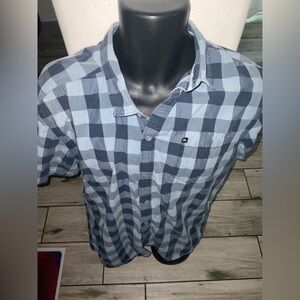 Men’s used Quicksilver button front modern fit plaid shirt size XL blue grey